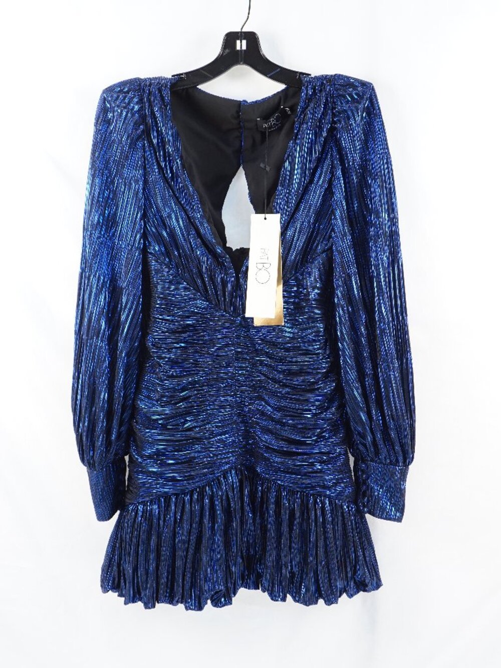 PatBO Metallic Plisse V-Neck Mini Dress In Dark Blue Women's Size 4/36 (NWT)